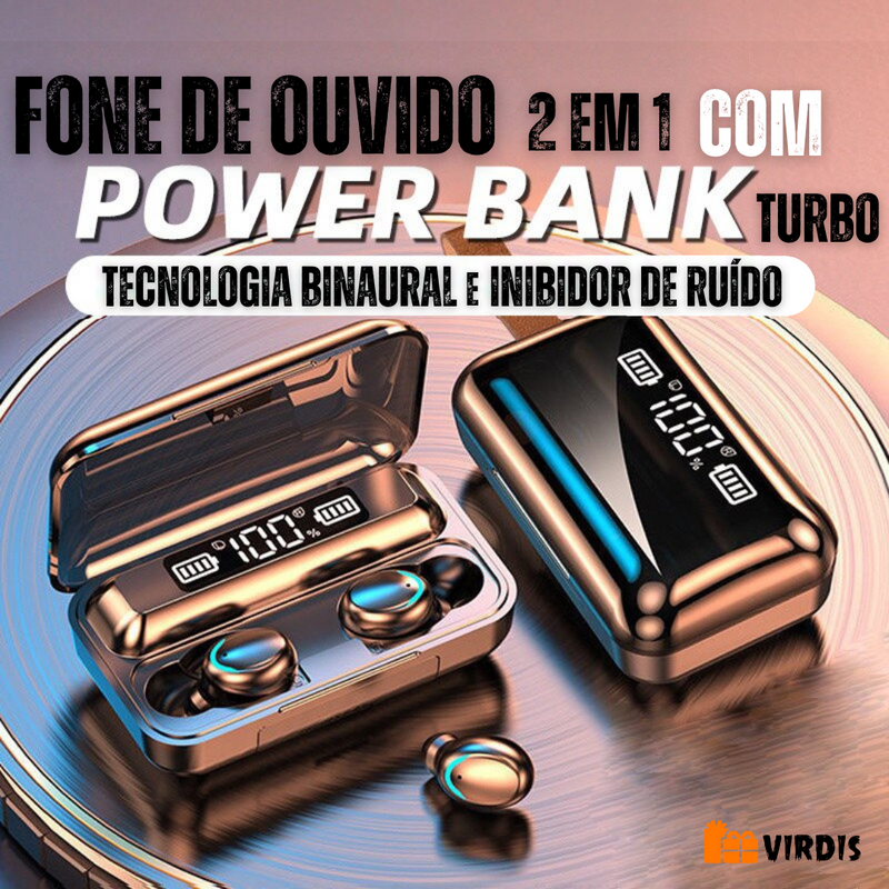 Fone de ouvido 2em1 com tecnologia BINAURAL e carregador portátil turbo integrado